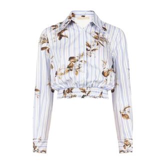 Rinascimento Overhemden, Dames, Blauw, S, Katoen, Korte gestreepte bloemenblouse