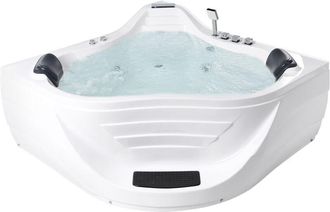 Beliani Ba&ntilde;era De Hidromasaje Esquinera Con Accesorios De Acero Inoxidable Acr&iacute;lico Reposacabezas Con Cascada 2 Plazas 220 X 160 Cm Blanco Cartagena