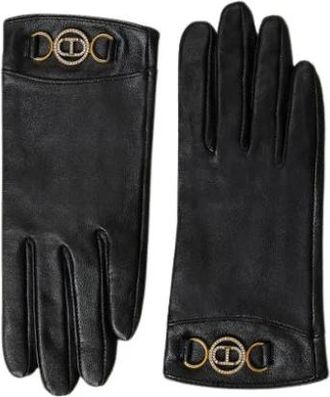Twinset Gloves, female, Black, Size: L Black Leather Gloves with Metal Clasp