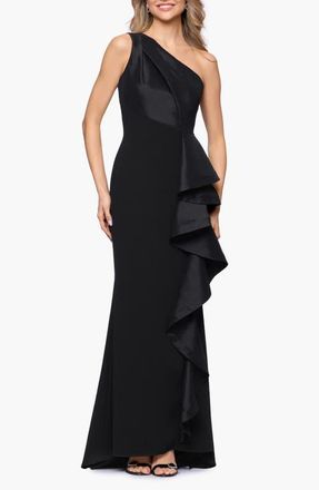Betsy & Adam Mixed Media One-Shoulder Ruffle Gown in Black at Nordstrom, Size 10