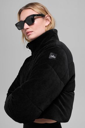 Alo | Micro Corduroy Dreamy Puffer Jacket in Black, Size: Medium