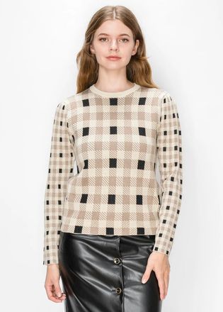 YAL New York Beige Plaid Knit Top with Black Check Accents