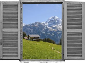 Queence Wandtattoo »Almhütte« Wandsticker, Wandbild, selbstklebend, 3D, Fenster