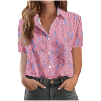 Generic Shirts for Women UK Vintage Floral Print Shirts Causal Turn-Down Collar Short Sleeve Blouse Button Down T-Shirt Loose Fit Comforty Shirt Office Classi