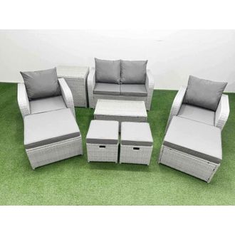 Fimous 9 PCs Rectangular Coffee Table Set Reclining Chair Inclining Sofa Seat Side Table 2 Big Footstool Light Grey - Fimous