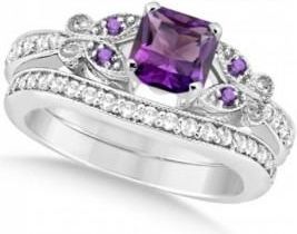 Allurez Butterfly Amethyst & Diamond Princess Bridal Set 14k W. Gold 1.55ctw