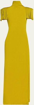 Alaia Turtleneck Godet-Sleeve Side-Slit Maxi Dress
