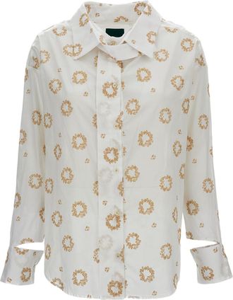 JEJIA White Cotton Shirt with Floral Embroidery and Unique Cut-out Cuffs