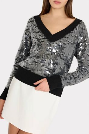 Milly Ilaria Sequin V-Neck Sweater In Black