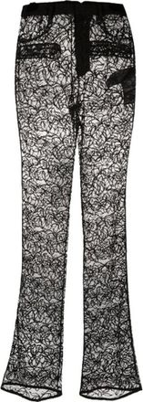 Saint Laurent Rechthoekige broek met bloemenkant - Dames - Broeken - Zwart - Maat: S Katoen