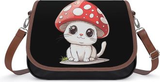 Generic Cute Cat Wearing Mushroom Hat Small Womens Crossbody Bags Shoulder Handbag with Adjustable Strap for Travel
