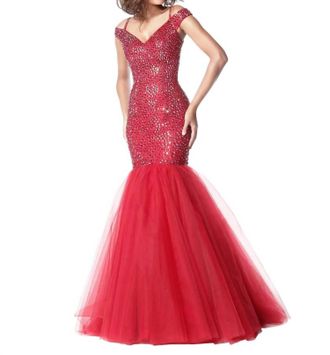 Sherri Hill Off-Shoulder Mermaid Prom Dress In Ruby