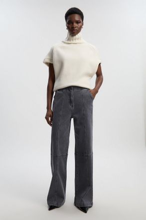 Karen Millen Womens Denim Button Front Straight Leg Trousers - Grey Cotton - Size 10 UK