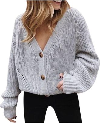 Generic Jumpers for Women Fashion Long Sleeve Button Down Womens Cardigans Knitted Casual Autumn Winter Sweaters V Neck Basic Holiday Pullovers Comfy Lounge O