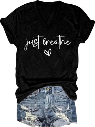 Generic Womens Just Breathe Mental Health Graphic Tees V-Neck Inspirational Shirts Short Sleeve Funny T Shirt Casual Tops 2025 New Black