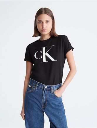 Calvin Klein Womens Monogram Logo Crewneck T-Shirt - Black - XL