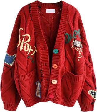 Generic Chunky Cardigans for Women Uk, Loose Fit V Neck Button Down Chunky Cable Knit Sweater Cardigan with Pockets, Colourful Embroidery Ladies Knitwear for 