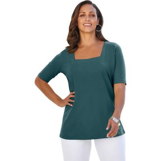Jessica London Stretch Cotton Square Neck Tee in Mystic Pine at Nordstrom, Size 12