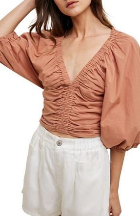 Wishlist Ruched Puff Sleeve Cotton Top in Clay at Nordstrom Rack, Size Medium