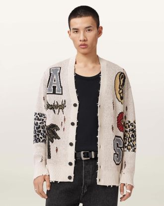 AllSaints Main: 63% Cotton, 18% Polyamide, 14% Merino Wool, 5% Alpaca Foxx Jacquard Oversized Cardigan, Size: XXL