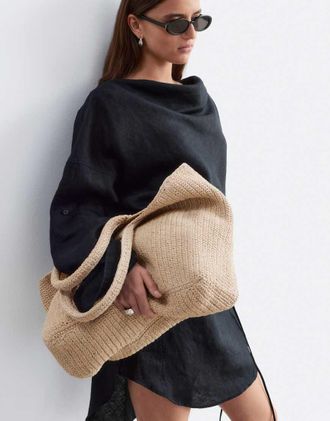 & Other Stories Borsa shopping squadrata in paglia beige con manici lunghi-Neutro