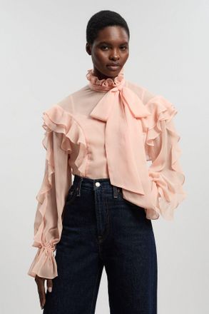 Karen Millen Womens Ruffle Front Crinkle Georgette Pussy Bow Blouse - Light Pink - Size 12 UK