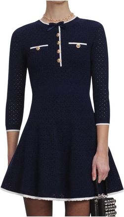 Self Portrait Pointelle Gebreide Mini Jurk - Dames - Kleedjes - Blauw - M - Kleedjes