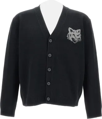 Maison Kitsun&eacute; Fox-Head Intarsia Merino Wool Cardigan