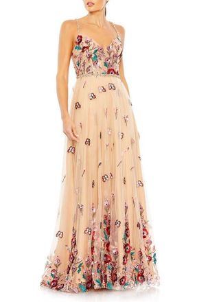 Mac Duggal Bead And Gemstone Encrusted Floral Detail A Line Gown in Beige Multi at Nordstrom, Size 12