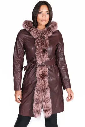 D'Arienzo Cappotto in pelle naturale bordeaux con cappuccio bordato pelliccia DArienzo, Seleziona Taglia S, Colore Vinaccio