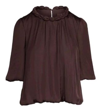 Naked Zebra Womens Round Neckline Accent Billowy Blouse In Chocolate
