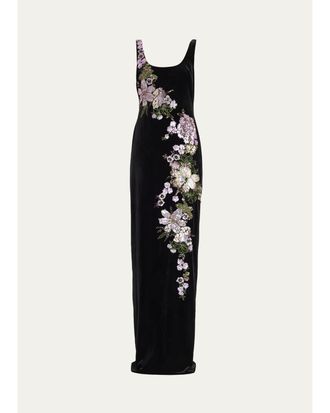 Teri Jon Sequin Floral Velvet Column Gown