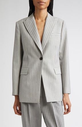 Nellie Partow Bow Textured Stripe Virgin Wool Blazer in Light Grey Stripe at Nordstrom, Size 10