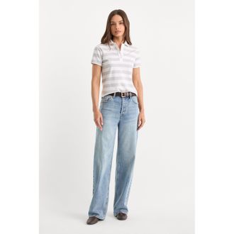 Good American Womens The Easy Polo | Summer Stripe Grey, Size Medium | Good American by Khlo&Egrave; Kardashian