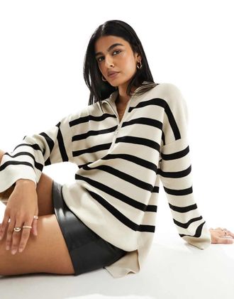 Object knitted zip neck sweater in cream mono stripe-Multi
