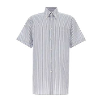 Valentino Garavani Short Sleeve Shirts, male, Blue, Size: XL V Logo Striped Oxford Shirt