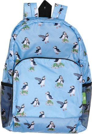 Eco Chic Lightweight Foldable Water Resistant Backpack Rucksack Folds into Pouch for Storage (Multi Puffin Blue)