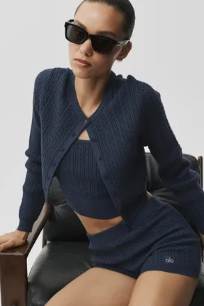 Alo | Mini Cable Sweater Cardigan Top in Navy, Size: Medium