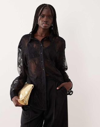 Bardot Aleida - Camicia oversize in pizzo nera in coordinato-Nero