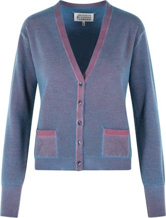 Maison Margiela Virgin Wool Cardigan With Light Blue And Red V-Neck