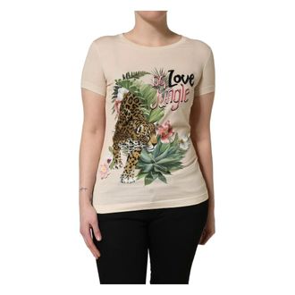 Dolce & Gabbana T-Shirts, female, Beige, Size: 2XS Jungle Print Cotton Round Neck T-Shirt