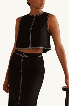 Crescent Embroidered Contrast Stitch Linen Crop Top in Black at Nordstrom, Size X-Small
