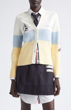 Thom Browne Nantucket Sailboat Embroidered Cotton Cardigan in White at Nordstrom, Size 36