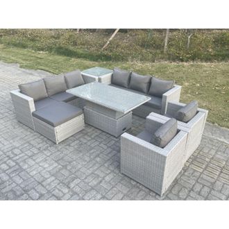 Fimous Rattan Garden Funiture Set Adjustable Rising Lifting Table Sofa Dining Set Lounge Chair Side Table Footstool - Fimous
