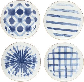 Melrose International Coastal Tie-Dye Design Ceramic Plate (Set of 4) - Blue, White
