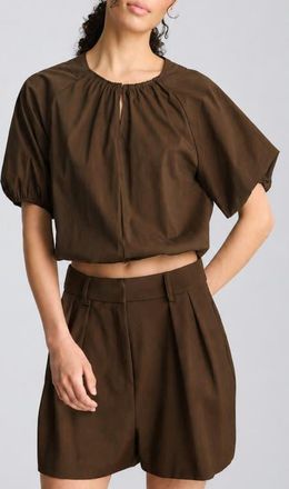 Kenneth Cole Shirred Raglan Sleeve Crop Bubble Hem Cotton Blend Top in Brunette at Nordstrom, Size X-Large