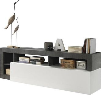 Vente-Unique Mueble TV SEFRO - 1 puerta y 4 estantes - Blanco lacado y cemento