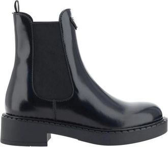 Prada Elegante Chelsea Enkellaarzen met Elastische Panelen - Dames - Chelseaboots - Zwart - 38 EU - Leer - Schoenen