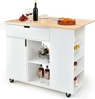 Costway Isla De Cocina Con Hoja Abatible, Carrito De Servicio Rodante Con Tapa De Madera De Caucho, Carrito De Utilidad Con Caj&oacute;n, Estante Abierto, Barra De C