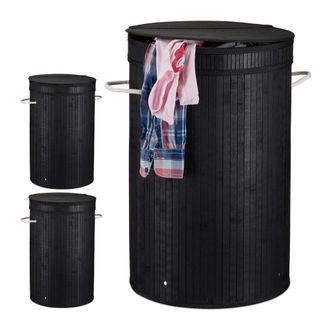 Relaxdays 3x Cesto Ropa Sucia Con Tapa, Cubo Colada Plegable, Redondo, Bamb&uacute;, 65 Litros, &Oslash; 40 Cm, Negro